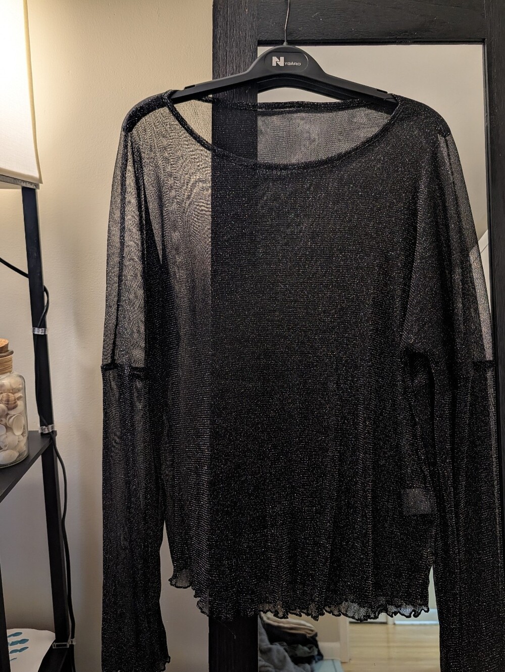 SHEIN Sheer Metallic Knit Black Long-Sleeve Top